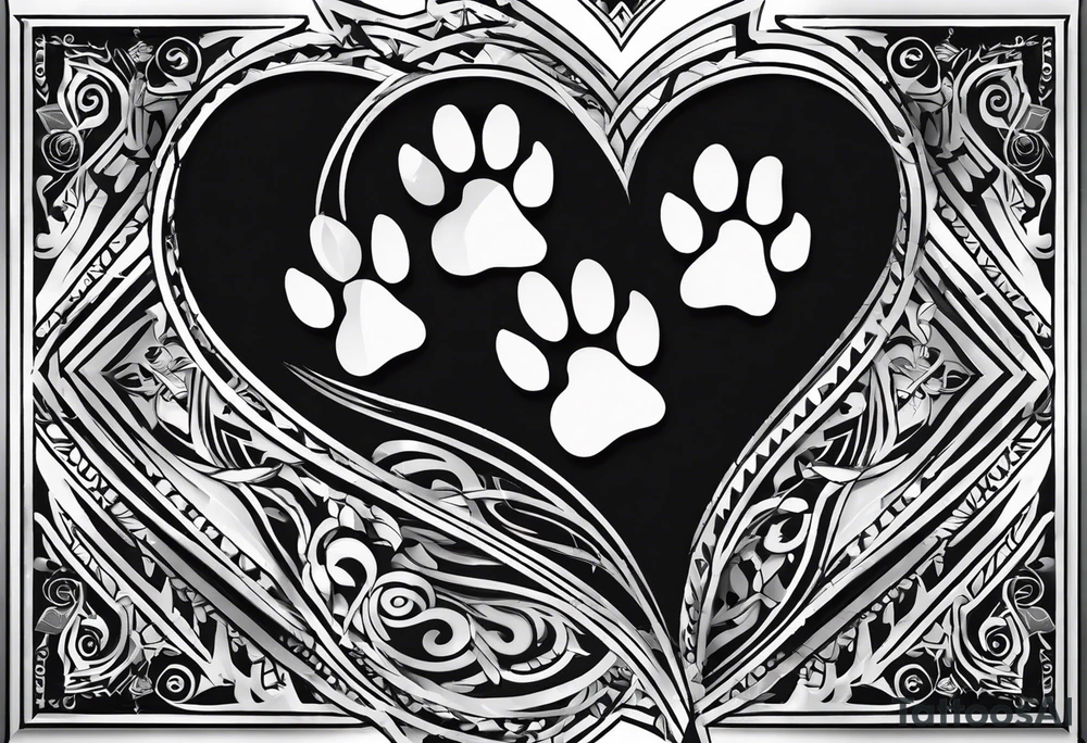 two small dog paws, two big dog paws with shadow background connecting them and seperate, disconnected tribal heart above it all tattoo idea