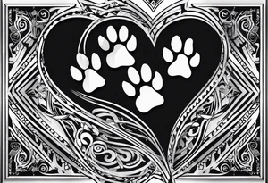two small dog paws, two big dog paws with shadow background connecting them and seperate, disconnected tribal heart above it all tattoo idea