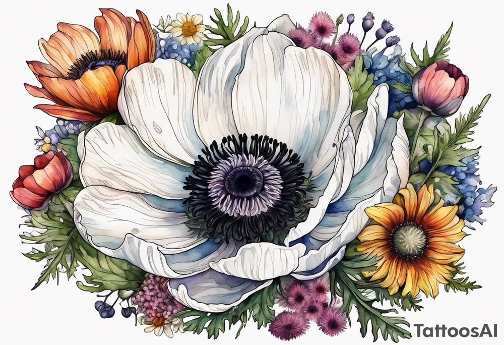 one white anemone with black center in the middle of mixed colorful wildflowers all with different shapes including thistles, ferns, ranuculus, and sun flowers all in watercolor tattoo idea