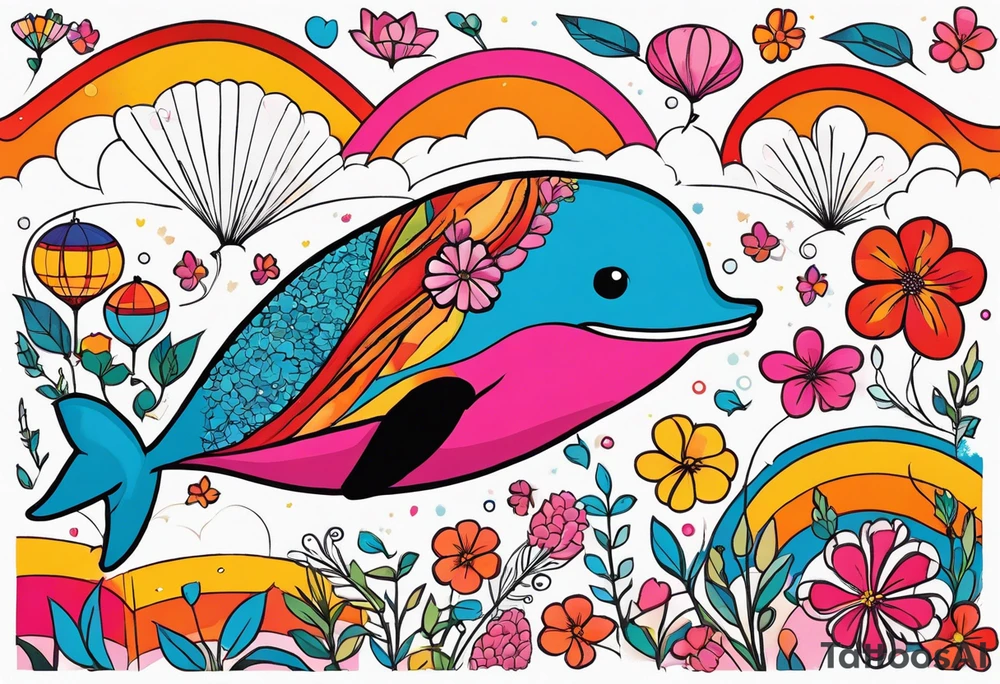 Small whale, hummingbird, face, flowers, bold color, collage, pink, orange, red, hot air balloon tattoo idea