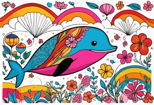 Small whale, hummingbird, face, flowers, bold color, collage, pink, orange, red, hot air balloon tattoo idea