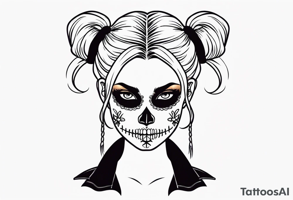 feminine skull  with hair in two blonde pigtails and crossbones underneath tattoo idea