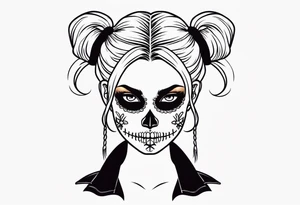 feminine skull  with hair in two blonde pigtails and crossbones underneath tattoo idea