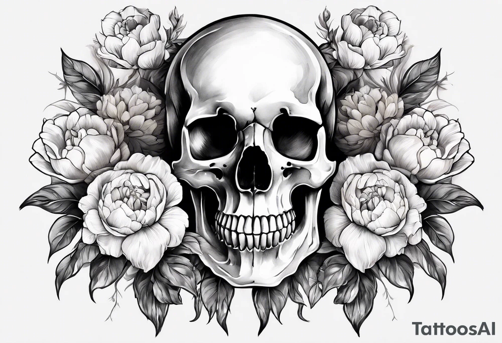 Human skull and horse skull with delicate peonies. tattoo idea