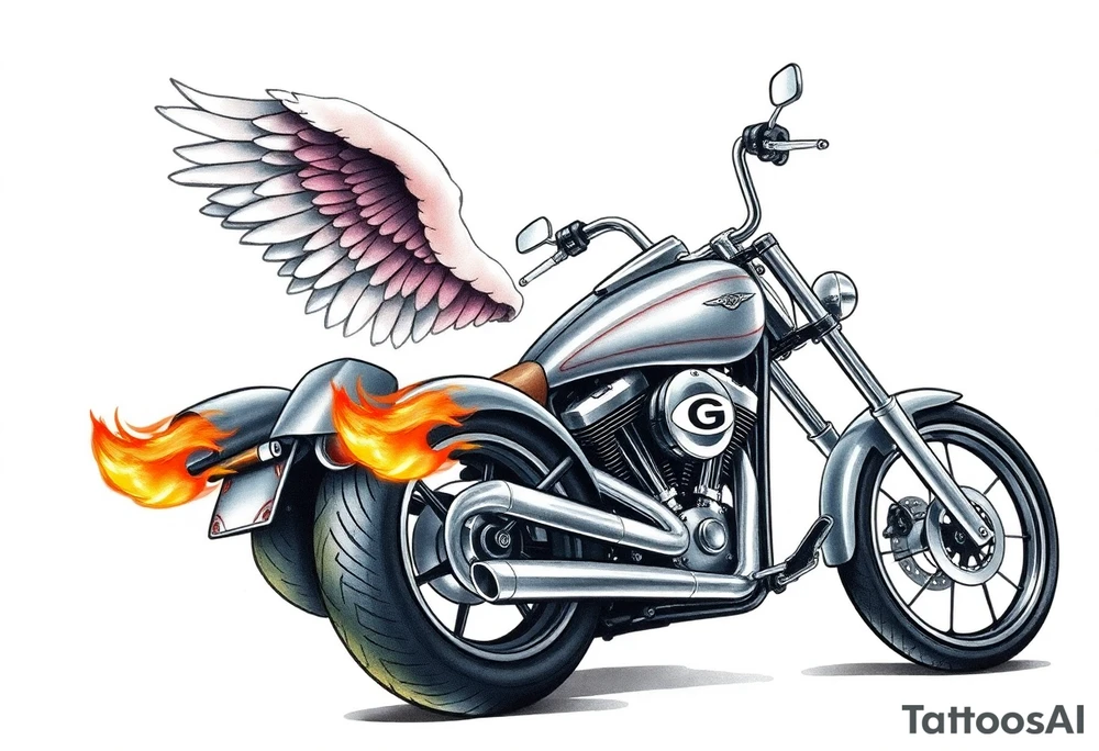 Low rider grey motorcycle, big muffler pipes with flames, angel wings, driving away, no person tattoo idea