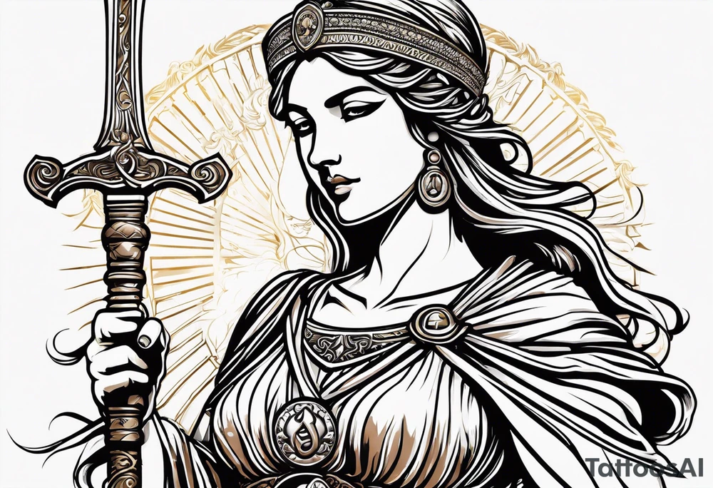 Iustitia is the Roman goddess personifying justice,(a sword ready to strike the guilty) is a symbol.The scale is a symbol of measurement, consideration, judgment, judgment, balance, balance, justice, and smart insight,Blindfold tattoo idea