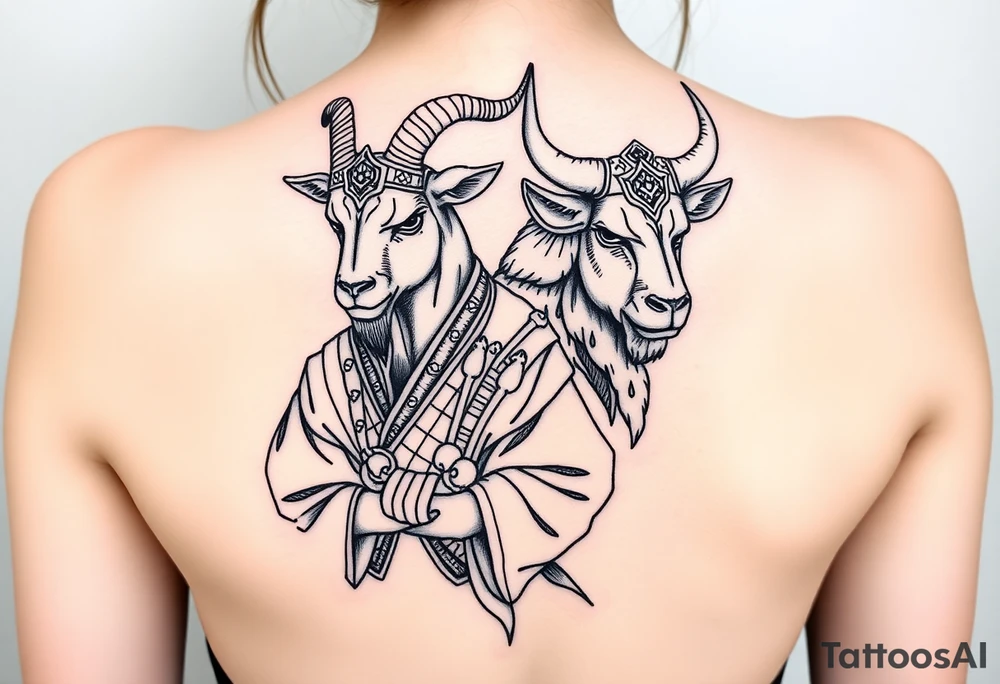 Goat and Ox dressed up as samurai warrior tattoo idea