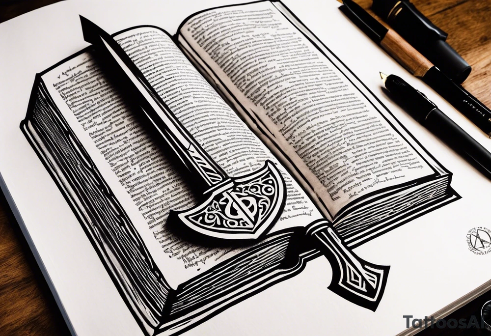 An opened bible with a battle Axe tattoo idea