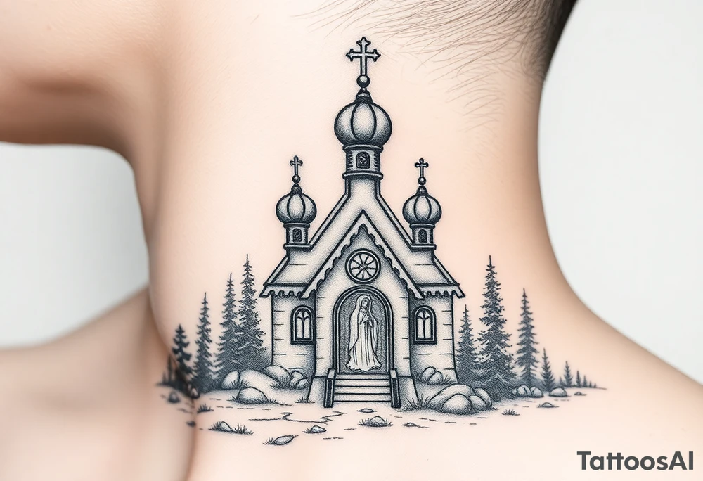 Traditional russian orthodox church in a wilderness setting with a prominent orthodox style virgin mary tattoo idea