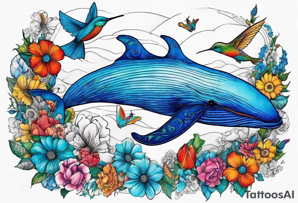 Surrealism, blue whale, hummingbird, hot air balloon, flowers, bold color, collage tattoo idea