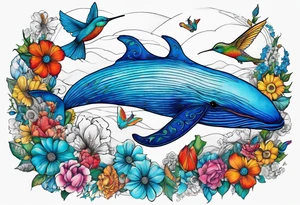 Surrealism, blue whale, hummingbird, hot air balloon, flowers, bold color, collage tattoo idea