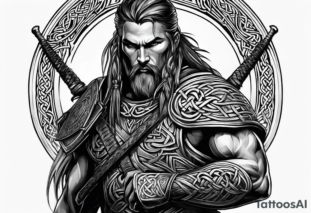 Side profile of full body of Celtic warrior with weapons unsheathed tattoo idea