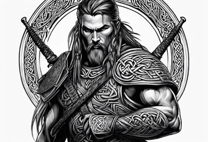 Side profile of full body of Celtic warrior with weapons unsheathed tattoo idea