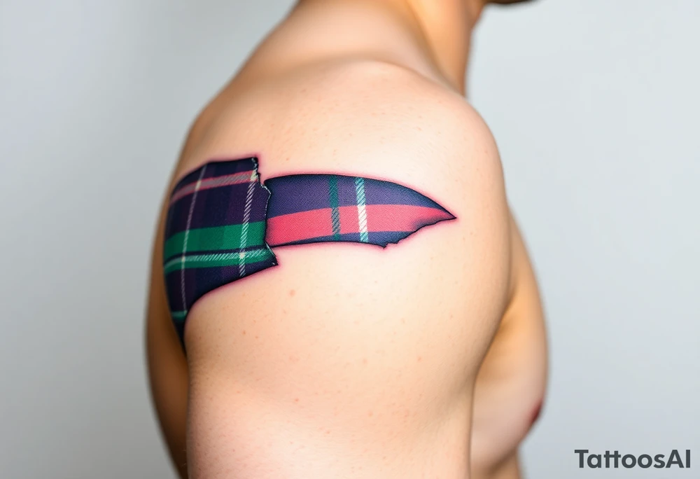 Side of arm Dark Purple with green pink blue and white highlights tartan fabric 
with skin ripping away at edges tattoo idea