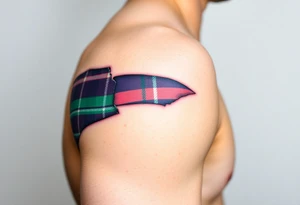 Side of arm Dark Purple with green pink blue and white highlights tartan fabric 
with skin ripping away at edges tattoo idea