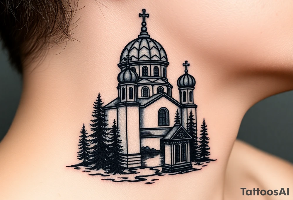 medium sized russian orthodox dome church with a visible virgin mary with a lake and pine trees tattoo idea