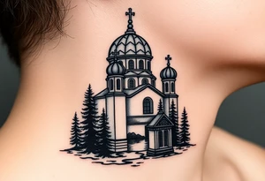 medium sized russian orthodox dome church with a visible virgin mary with a lake and pine trees tattoo idea