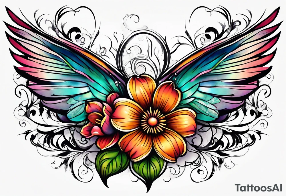 Flower tattoo with wings for full stomach area tattoo idea