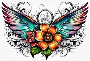 Flower tattoo with wings for full stomach area tattoo idea