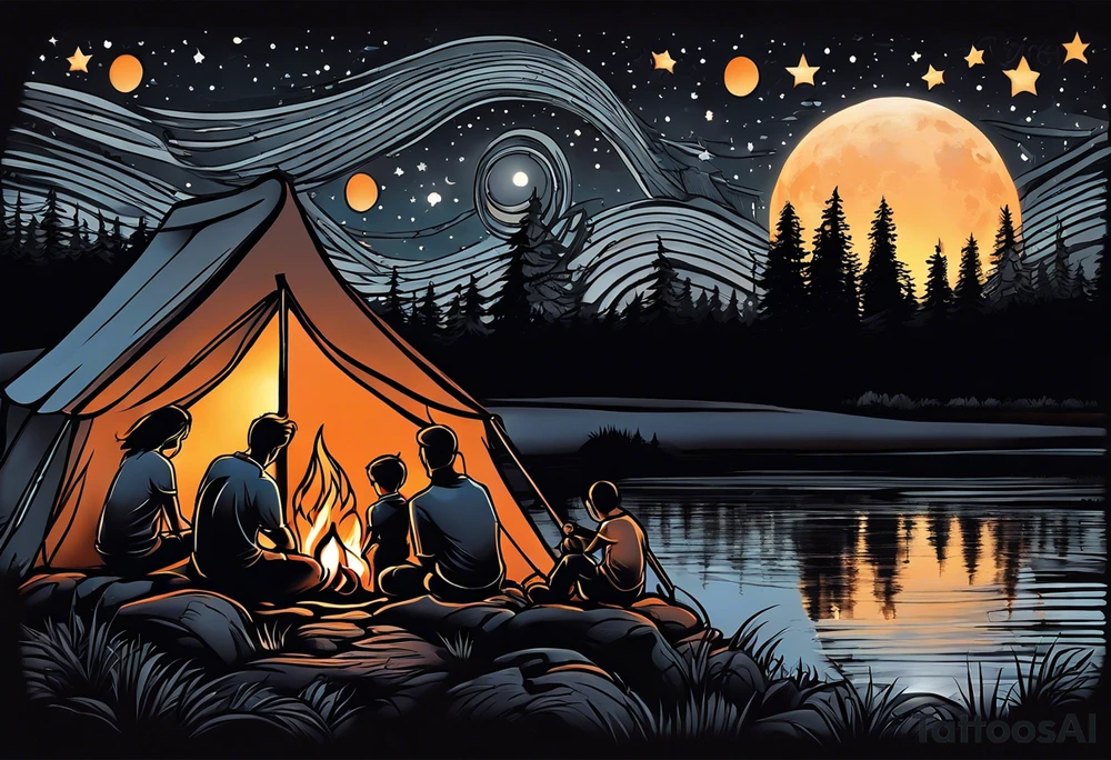 Tattoo of a family of four on a male forearm 
- dad, mom and two boys around a campfire.  Background is a sunset at the bottom, night at the top with a big beautiful moon. tattoo idea