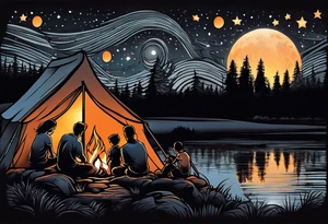 Tattoo of a family of four on a male forearm 
- dad, mom and two boys around a campfire.  Background is a sunset at the bottom, night at the top with a big beautiful moon. tattoo idea