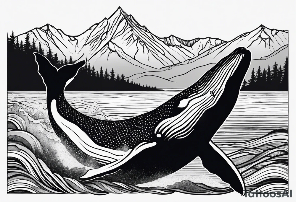 humpback whale in front of a drawing of the Rocky mountains tattoo idea
