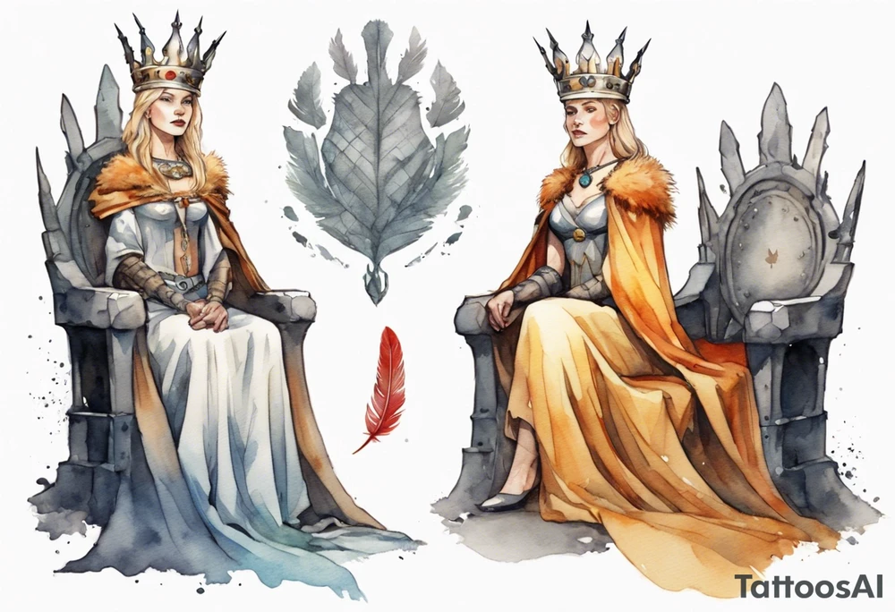 a Germanic queen wearing a simple iron crown, wearing a feather cloak, sitting on a simple stone throne tattoo idea