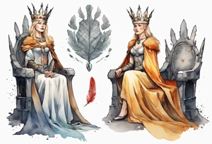 a Germanic queen wearing a simple iron crown, wearing a feather cloak, sitting on a simple stone throne tattoo idea