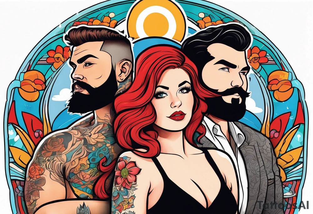 Busty Red haired woman with black haired bearded man tattoo idea