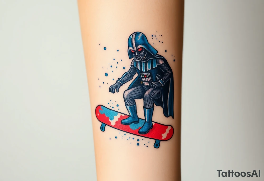 Darth Vader skateboarding >
blue & red
skateboard words "Darth Carter"
add date 12/29/88-01/06/24 tattoo idea
