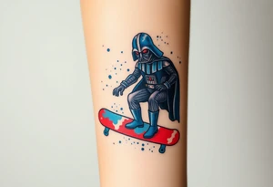 Darth Vader skateboarding >
blue & red
skateboard words "Darth Carter"
add date 12/29/88-01/06/24 tattoo idea