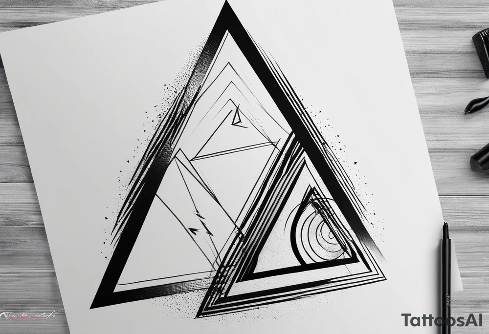 Un triangulo con una persona al medio, estilo de dibujo con lineas en blanco y negro mas simple solo lineas y una persona al centro, no mas de 6 lineas tattoo idea