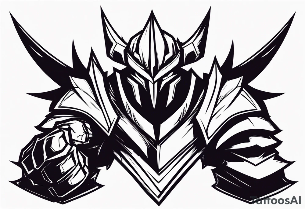 Mordekaiser from league of legends with armored hand in forground tattoo idea