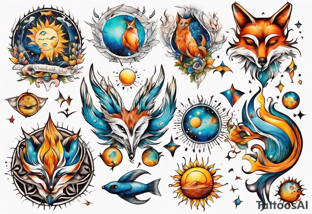 fisch, fuchs und eule , symetrie  sonne, universum, bunt, " sapere aude" tattoo idea