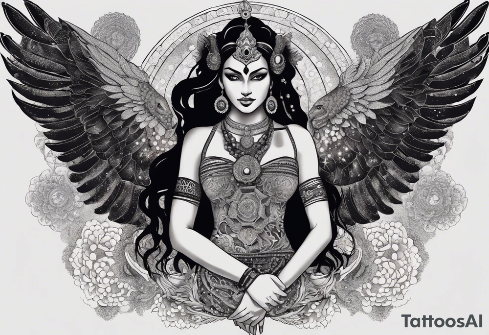black kali, goddess pirate, alien, angel, pachamama, valkrye, warrior, flying, skull, lotus azul, wing, eagle, zenza resonance, stars, 5D, anahata chakra, death, durga, riding on a tiger, flying lady, kundalini, chest tatoo, samuri, rebel,serpent tattoo idea