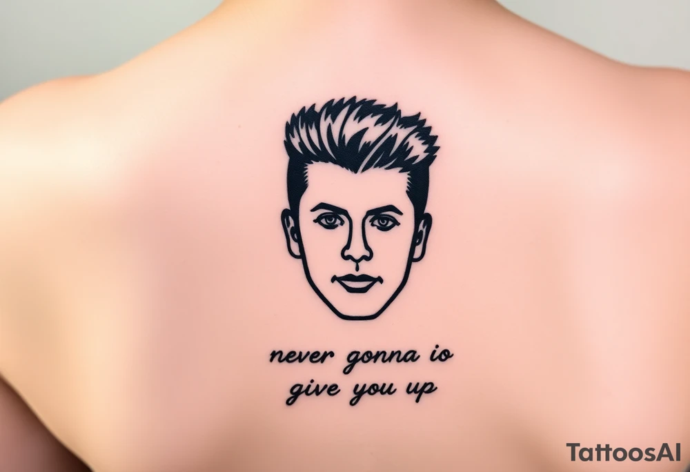 Rick Astley's Face outline with text Never Gonna Give You Up tattoo idea