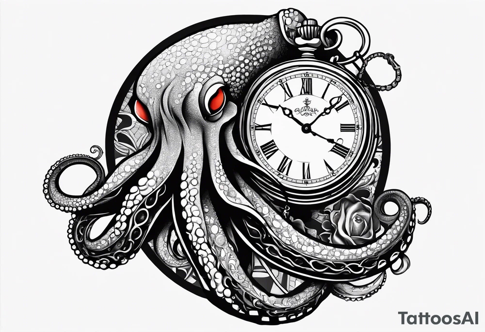to be drawn in the arm, pocket watch wrapped under an aggressive octopus in side view tattoo idea
