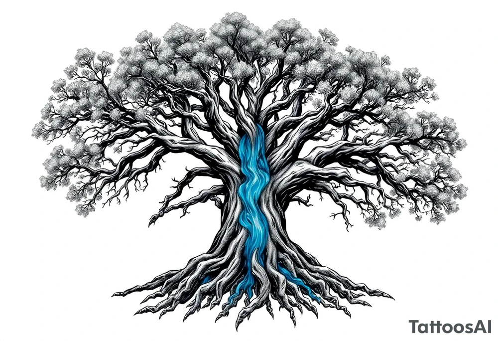 Black and white Tree with roots. Blue water inside the whole tree like many thin veins, flows from the brunches to the roots tattoo idea