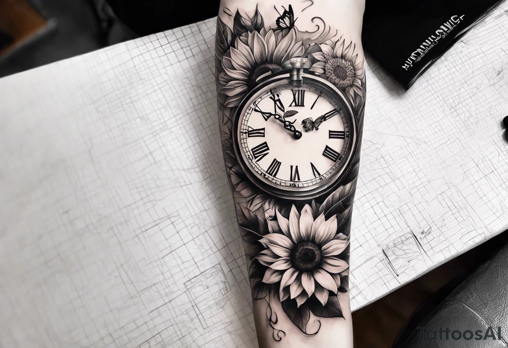 Sleeve with clock, sunflower and butterfly tattoo idea