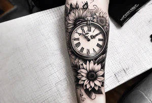 Sleeve with clock, sunflower and butterfly tattoo idea