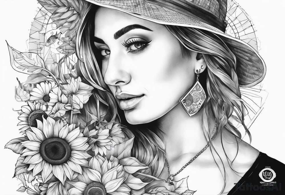 Géométric, sunflower, book, camera, fish tattoo idea