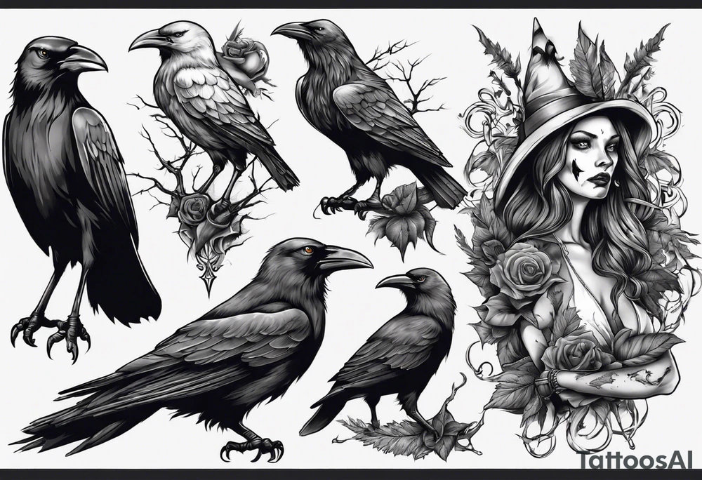 witch with crows tattoo idea