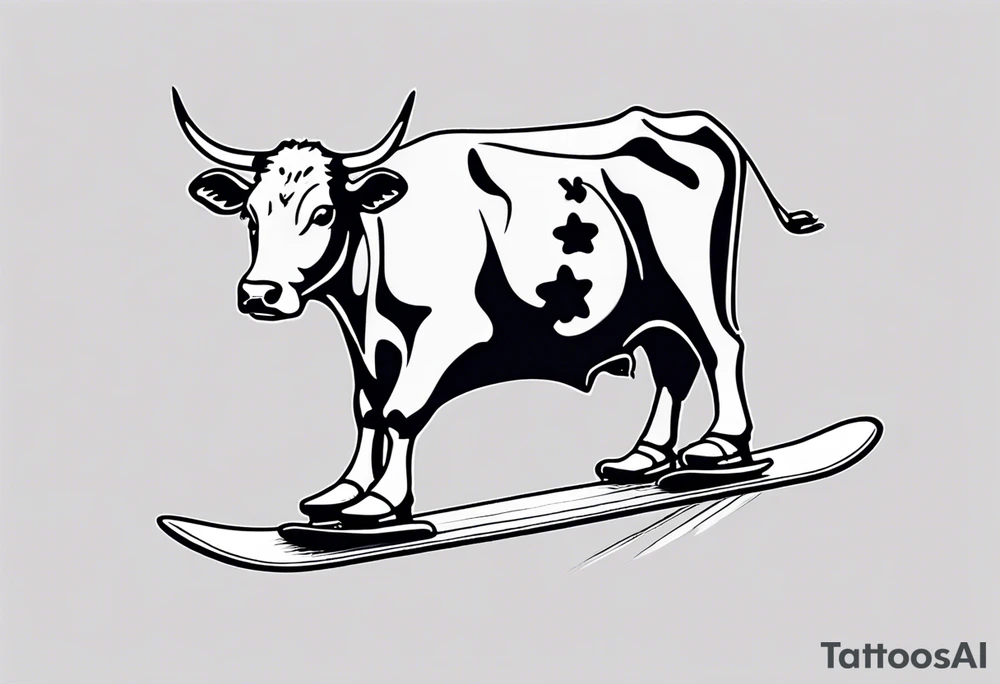 Generate a minimalist and simple black and white tattoo design featuring a joyful cow snowboarding, wearing goggles. Focus on essential lines and details to convey the playful spirit of the scene. The cow should exude confidence while effortlessly snowboarding down a snowy slope. Keep the design clean and uncluttered, suitable for a small to medium-sized tattoo space. Emphasize the charm and whimsy with the addition of goggles, ensuring the overall aesthetic remains simple and minimalistic. The goal is to create a visually appealing and easily recognizable tattoo that captures the essence of a cow enjoying a snowboarding adventure tattoo idea