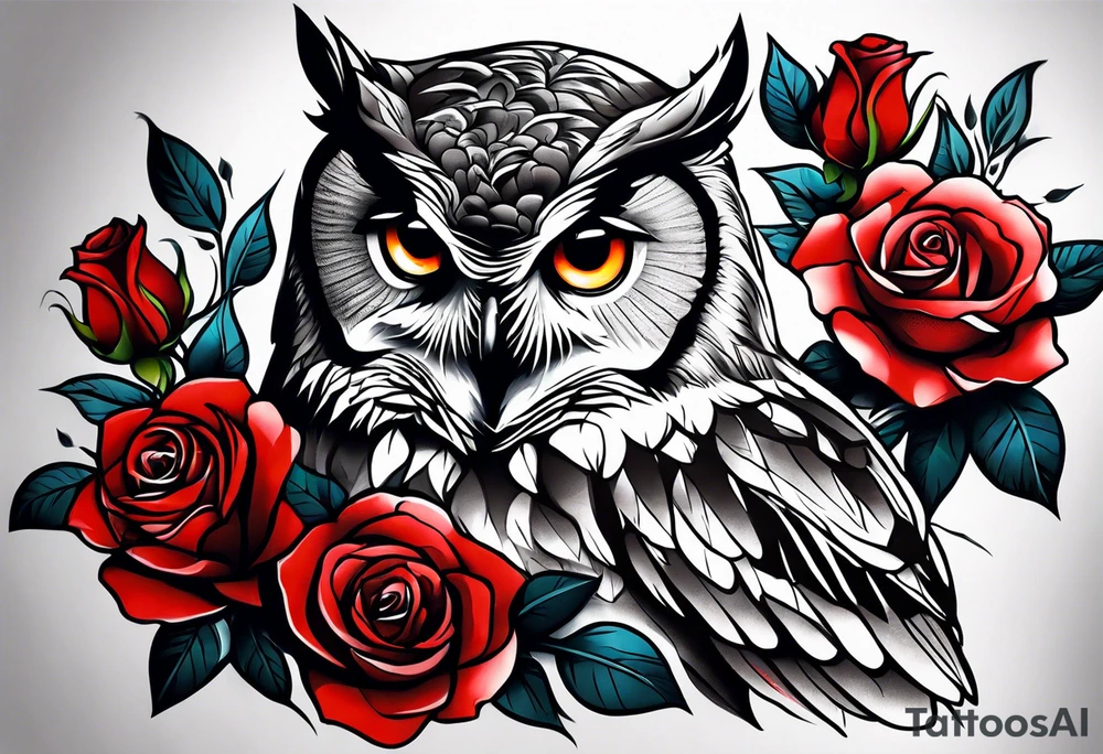 Forearm tattoo Color one Owl with three red roses tattoo idea
