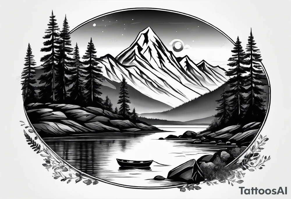 Mountain scene with a river with a subtle peace sign. Use IT IS WELL written in the scene tattoo idea
