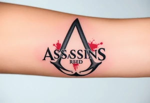 Assassins Creed emblem with Ezio inside and blood splashes incorporated into logo. tattoo idea