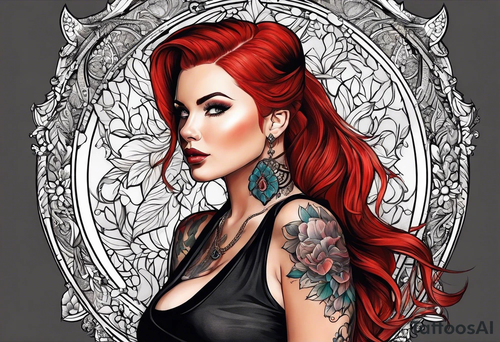 Busty red haired woman with a bearded man who has black hair tattoo idea