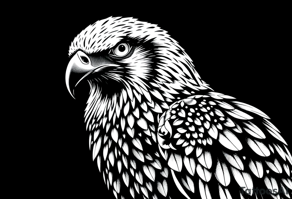 Um desenho em preto e branco de uma aguia, com aparência mística e detalhada. A arte é feita  com muitos traços finos, sombreamento em pontilhismo (dotwork) e formas geométricas. A aguia tem olhos vazios e brilhantes, com penas sobrepostas em formas angulares e orgânicas. As asas e a cauda são longas, com detalhes intrincados que lembram padrões de penas de coruja ou falcão. A pose da aguia é majestosa, com a cabeça voltada para frente e o corpo inclinado para o lado, como se estivesse empoleirado tattoo idea