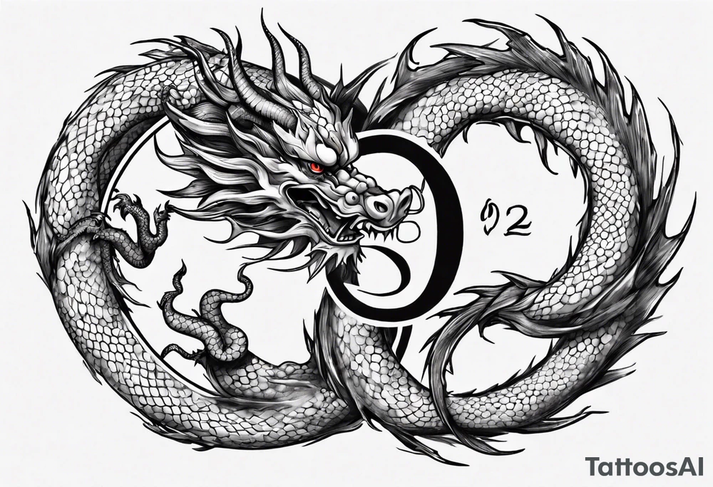 Chinese dragon in a circular shape with "02.03" written on its skin tattoo idea