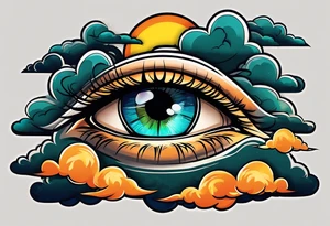 simple eyeball with a blue/green iris on top of dark stormy clouds with orange/yellow lightning coming from the clouds tattoo idea